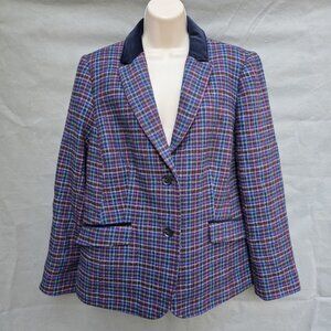 Talbots Mistletoe Colorful Plaid Shetland Wool Blazer Size 16 Velvet Collar